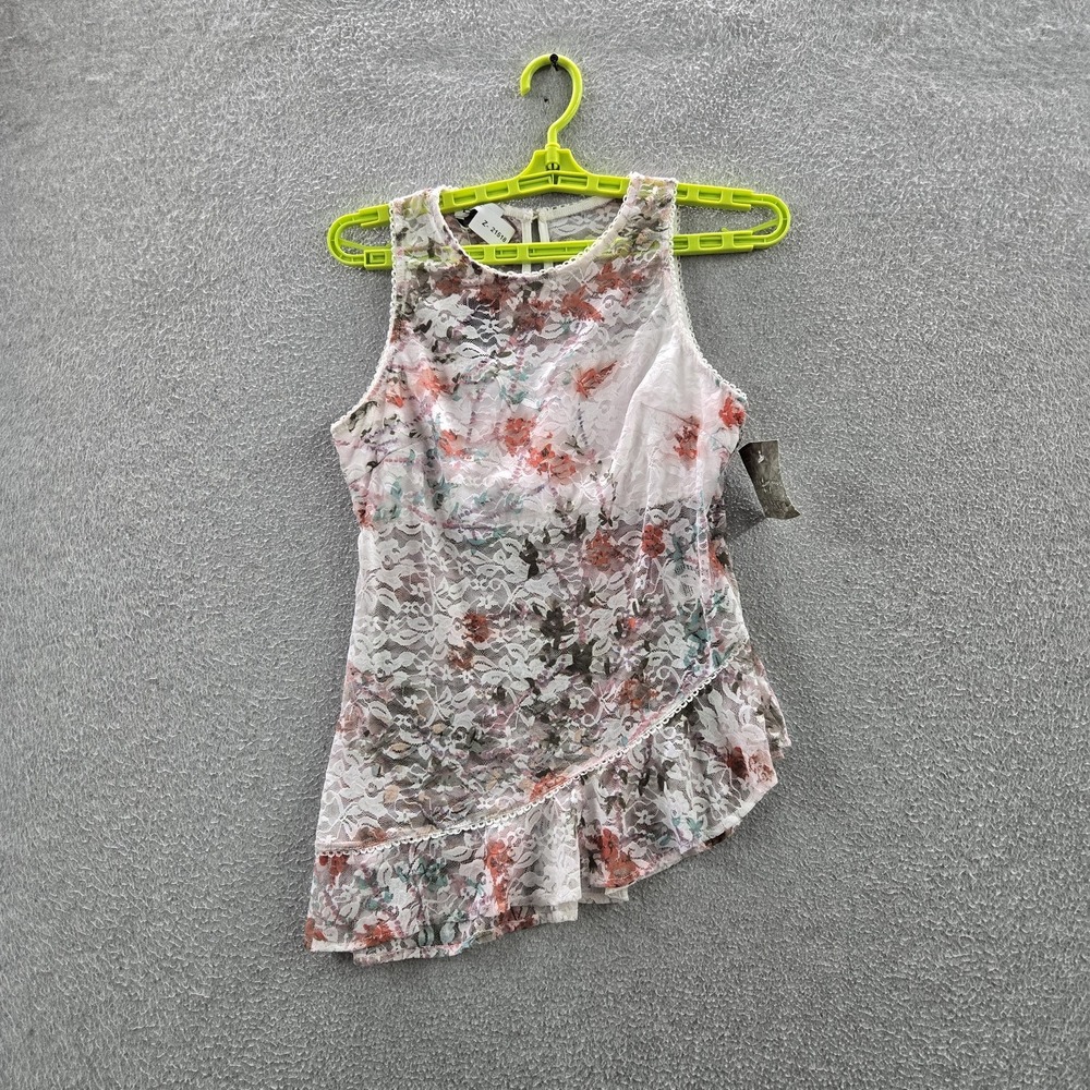 Bebe Women Top XS White Blouse Sheer Floral Lace Sleeveless Romantic‎ NWT